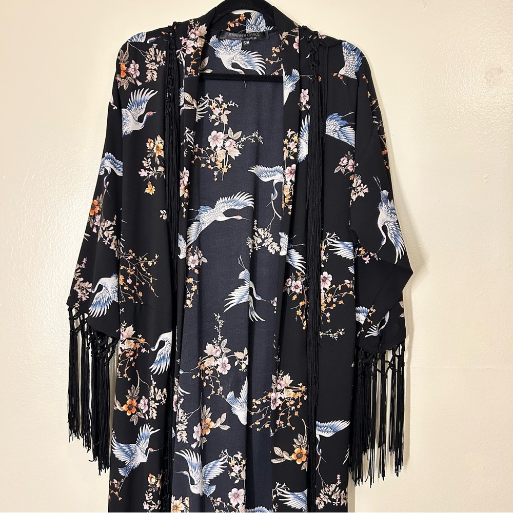 Jennafer Grace Crane Floral Duster with Fringe
